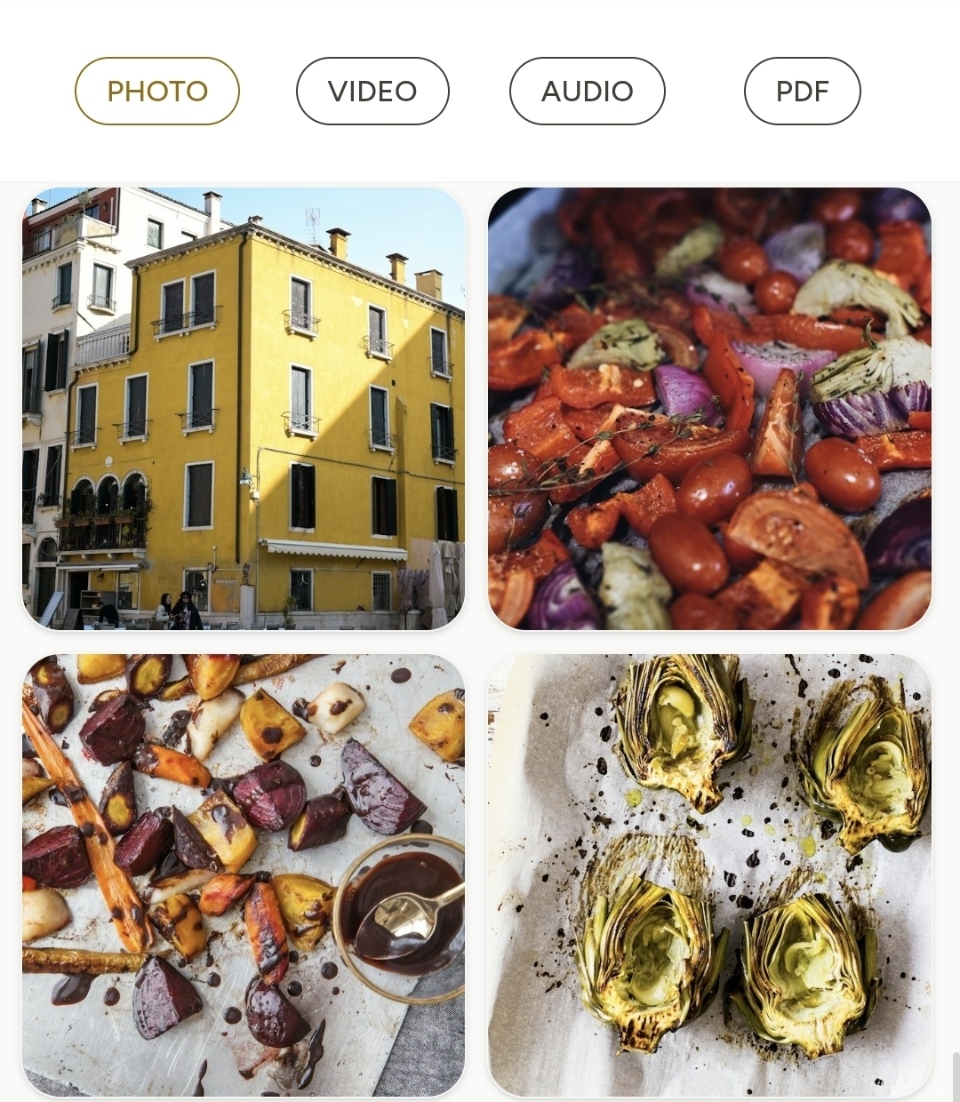 An entry filtered by photo, showing travel and food images